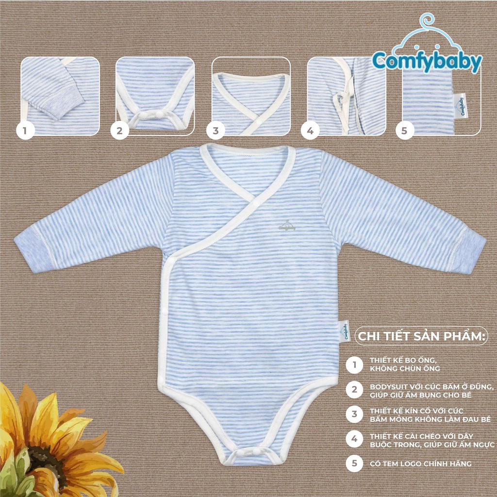 Set Bodysuit giữ ấm sơ sinh 5 món ComfyBaby (quần áo dài, bao tay chân, mũ) kẻ sọc màu xanh - 100% Cotton- chính hãng