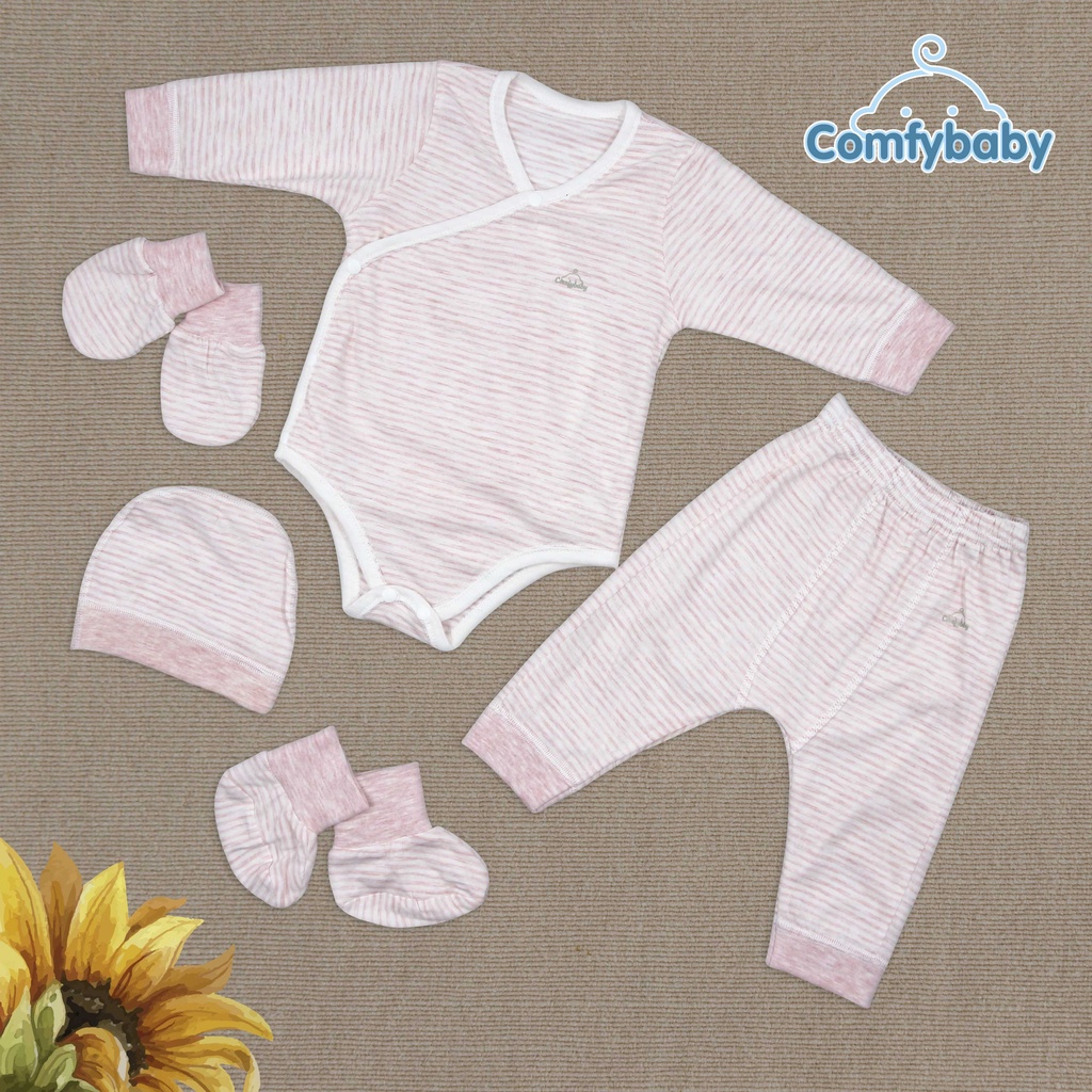 Set Bodysuit giữ ấm sơ sinh 5 món ComfyBaby (quần áo dài, bao tay chân, mũ) kẻ sọc màu xanh - 100% Cotton- chính hãng