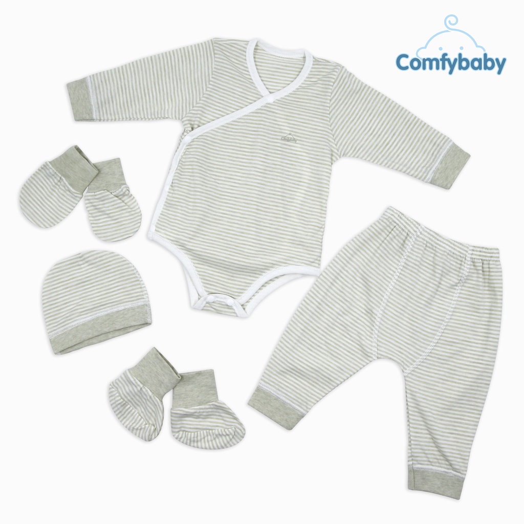 Set Bodysuit giữ ấm sơ sinh 5 món ComfyBaby (quần áo dài, bao tay chân, mũ) kẻ sọc màu xanh - 100% Cotton- chính hãng