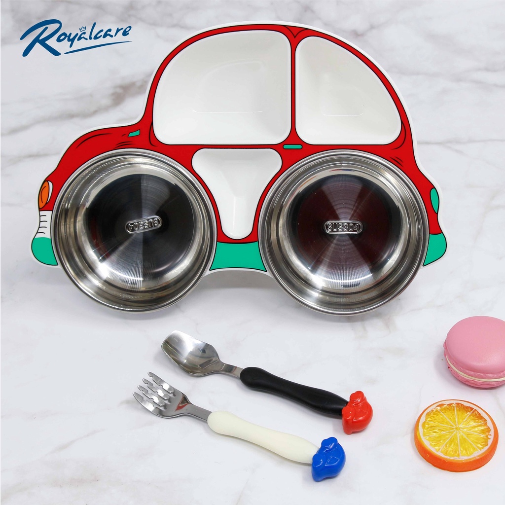 Khay ăn dặm cho bé - Set 3 món inox cao cấp: khay ăn chia ngăn - thìa tập xúc - nĩa tập ăn hình ô tô Royalcare 0805