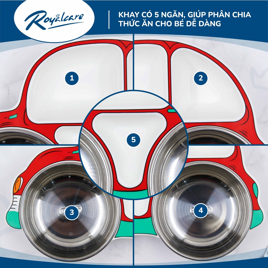 Khay ăn dặm cho bé - Set 3 món inox cao cấp: khay ăn chia ngăn - thìa tập xúc - nĩa tập ăn hình ô tô Royalcare 0805