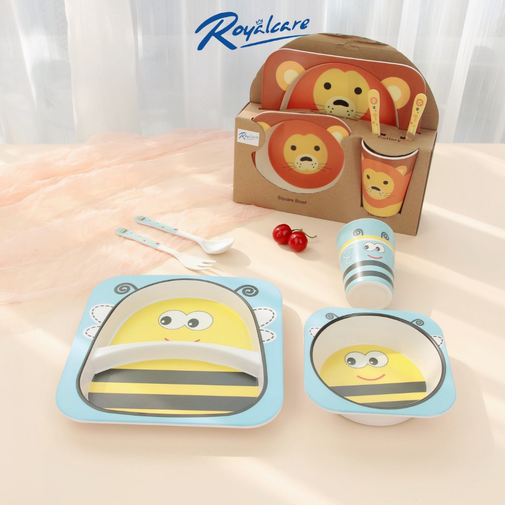 Set đồ dùng ăn dặm 5 món cho bé gồm cốc, bát, thìa, dĩa và khay 2 ngăn làm từ tre Bamboo kháng khuẩn Royalcare 170
