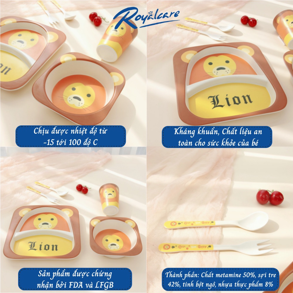Set đồ dùng ăn dặm 5 món cho bé gồm cốc, bát, thìa, dĩa và khay 2 ngăn làm từ tre Bamboo kháng khuẩn Royalcare 170