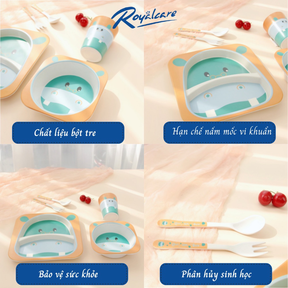 Set đồ dùng ăn dặm 5 món cho bé gồm cốc, bát, thìa, dĩa và khay 2 ngăn làm từ tre Bamboo kháng khuẩn Royalcare 170