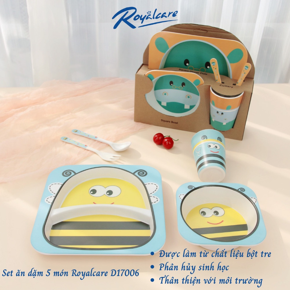 Set đồ dùng ăn dặm 5 món cho bé gồm cốc, bát, thìa, dĩa và khay 2 ngăn làm từ tre Bamboo kháng khuẩn Royalcare 170