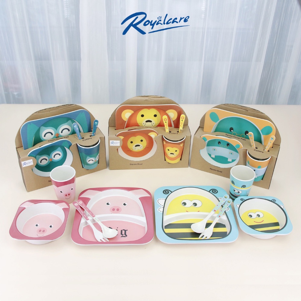 Set đồ dùng ăn dặm 5 món cho bé gồm cốc, bát, thìa, dĩa và khay 2 ngăn làm từ tre Bamboo kháng khuẩn Royalcare 170