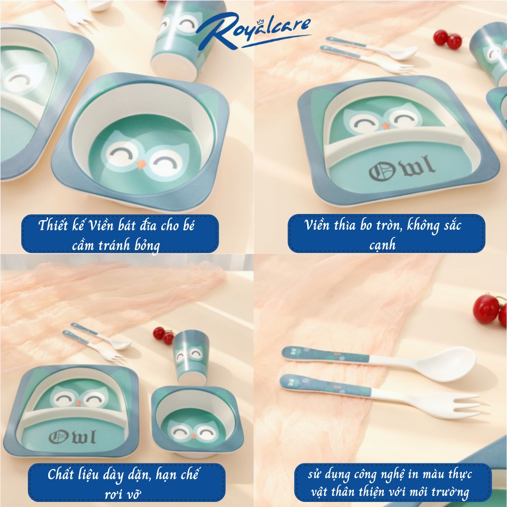 Set đồ dùng ăn dặm 5 món cho bé gồm cốc, bát, thìa, dĩa và khay 2 ngăn làm từ tre Bamboo kháng khuẩn Royalcare 170