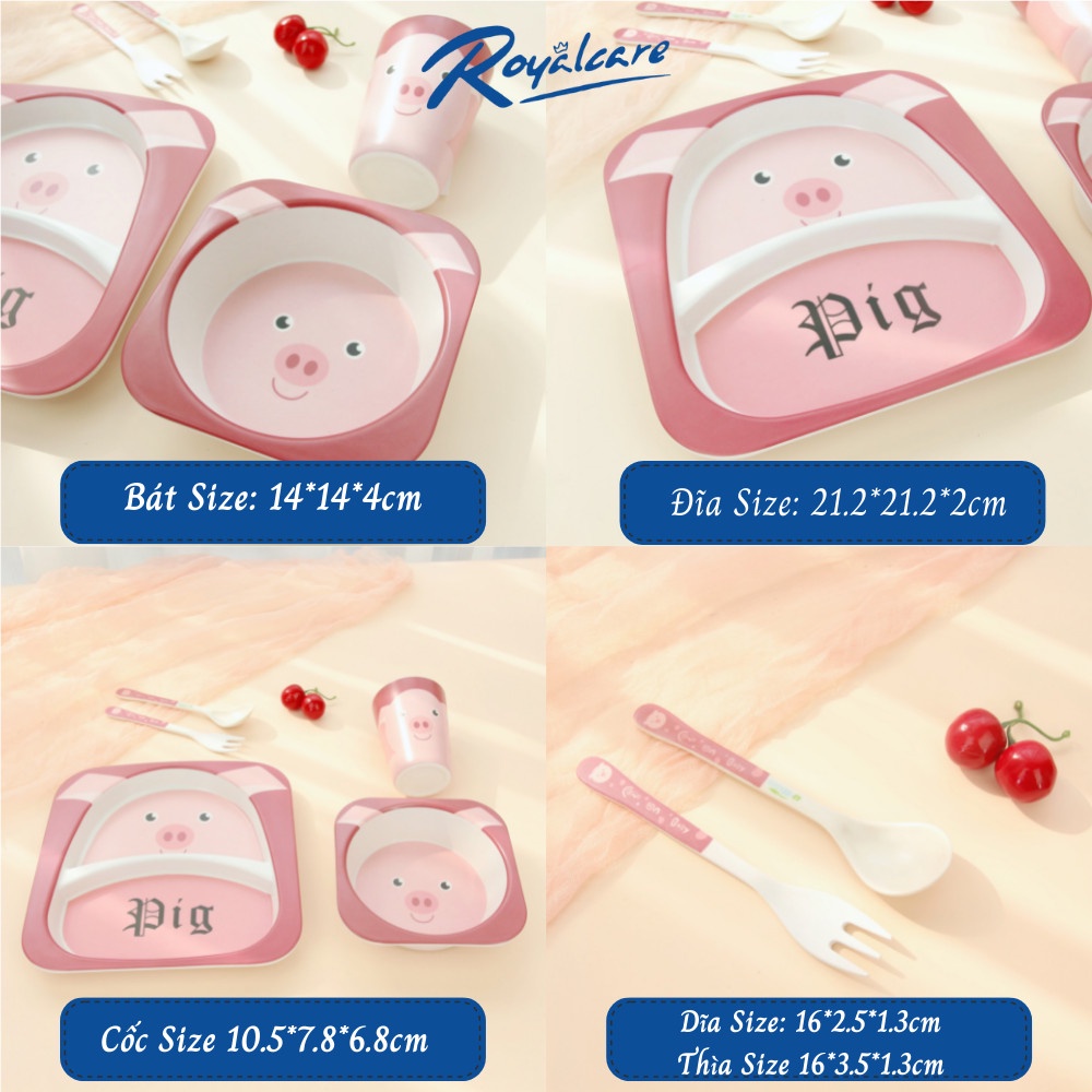 Set đồ dùng ăn dặm 5 món cho bé gồm cốc, bát, thìa, dĩa và khay 2 ngăn làm từ tre Bamboo kháng khuẩn Royalcare 170