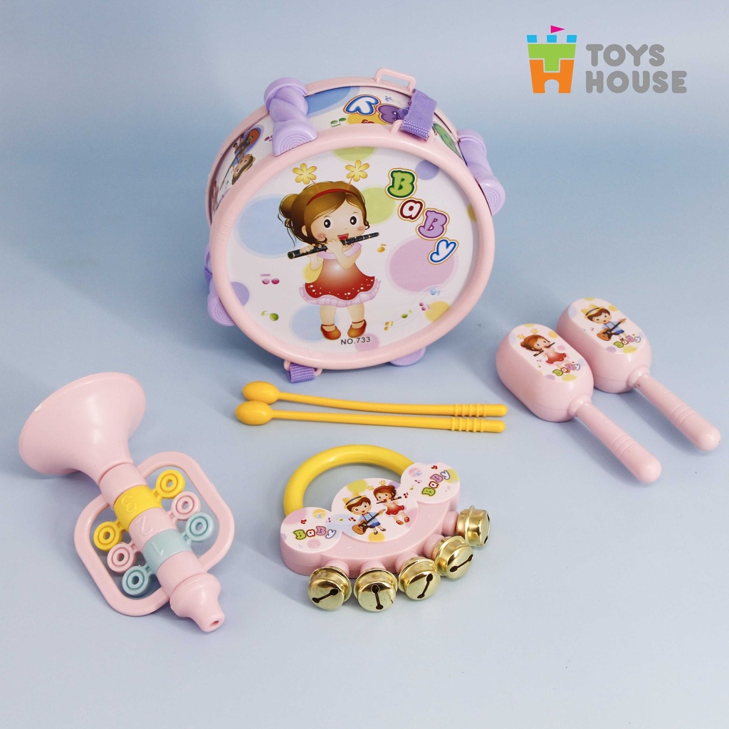 Set đồ chơi Xúc xắc, lục lạc, kèn, trống Toyshouse dành cho bé từ sơ sinh 733 - giúp bé phát triển thị giác, thính giác