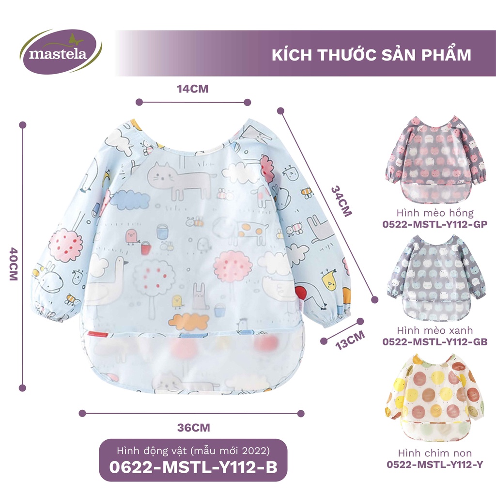 Áo yếm ăn dặm dài tay cho bé từ 6 tháng đến 3 tuổi - Cotton chống thấm nước cho bé tập ăn, tập vẽ Mastela