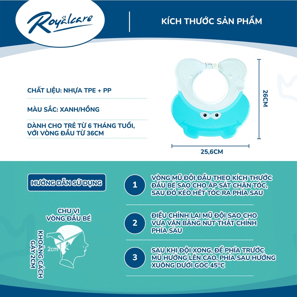 Mũ gội đầu hỗ trợ tắm gội cho trẻ em hình hà mã Royalcare 702 - chặn nước vào mặt bé