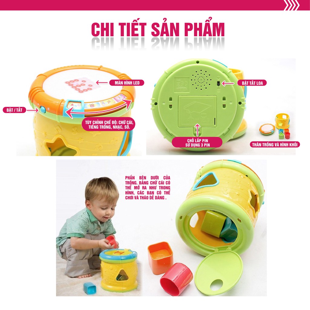 Trống đồ chơi thả hình khối Winfun 0713, phát triển giác quan cho bé tập làm quen với chữ cái và số đếm tiếng anh