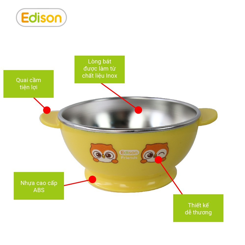 Bát ăn dặm inox 2 lớp giữ nhiệt có đế silicon chống trượt size nhỏ Edison hàng chính hãng