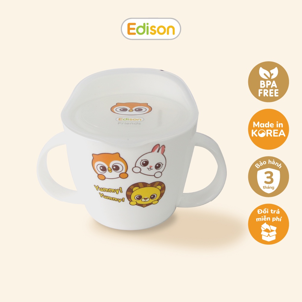 MADE IN KOREA Cốc tập uống cho bé Hàn Quốc có nắp, chống trượt Edison 6926 đồ dùng ăn dặm bằng nhựa cao cấp hình Cú Mèo