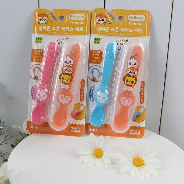 Made in Korea bộ 2 thìa ăn dặm silicon Hàn Quốc Edison - tập xúc siêu mềm hình Cú-Sư Tử và Cú-Thỏ hàng chính hãng