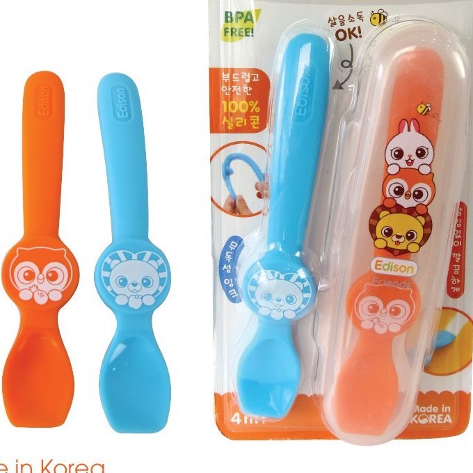 Made in Korea bộ 2 thìa ăn dặm silicon Hàn Quốc Edison - tập xúc siêu mềm hình Cú-Sư Tử và Cú-Thỏ hàng chính hãng
