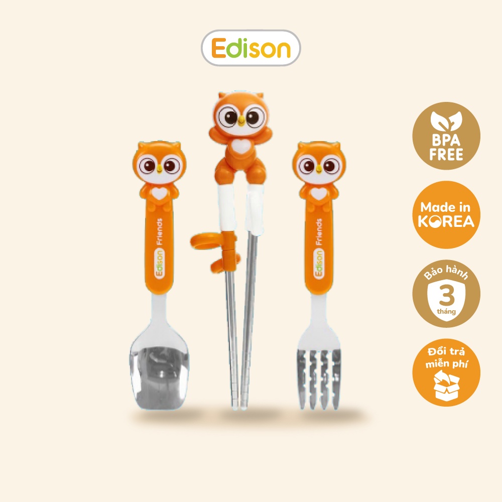 MADE IN KOREA Đồ dùng ăn dặm cho bé 3 món (thìa, dĩa, đũa tập ăn) Edison 6971 hình cú mèo có hộp đảm bảo an toàn vệ sinh