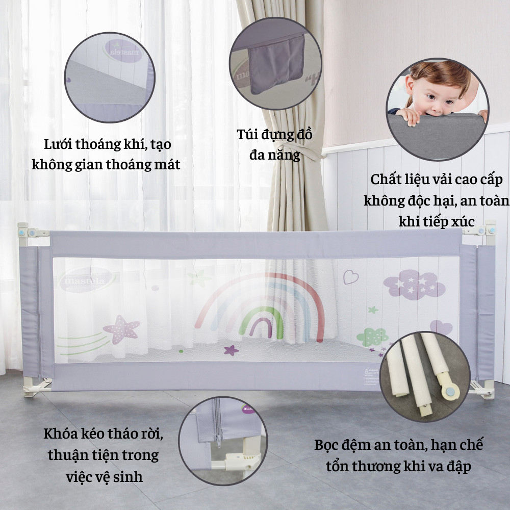 Thanh chắn giường an toàn cho bé, vải lưới thoáng khí chính hãng Mastela