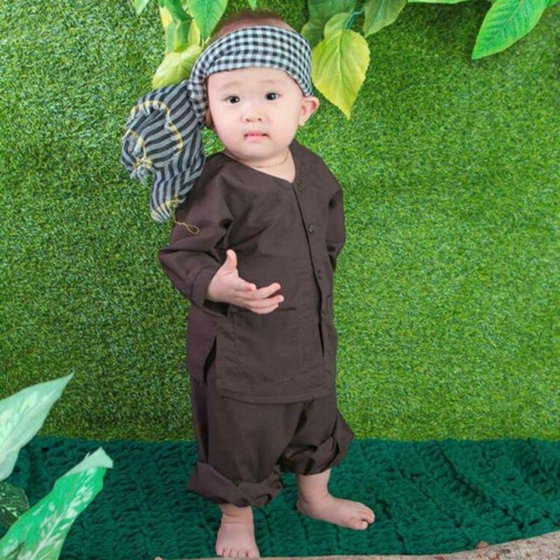 Áo bà ba nâu vải kare kèm khăn rằn cho bé từ 7 kí đến 52 kí