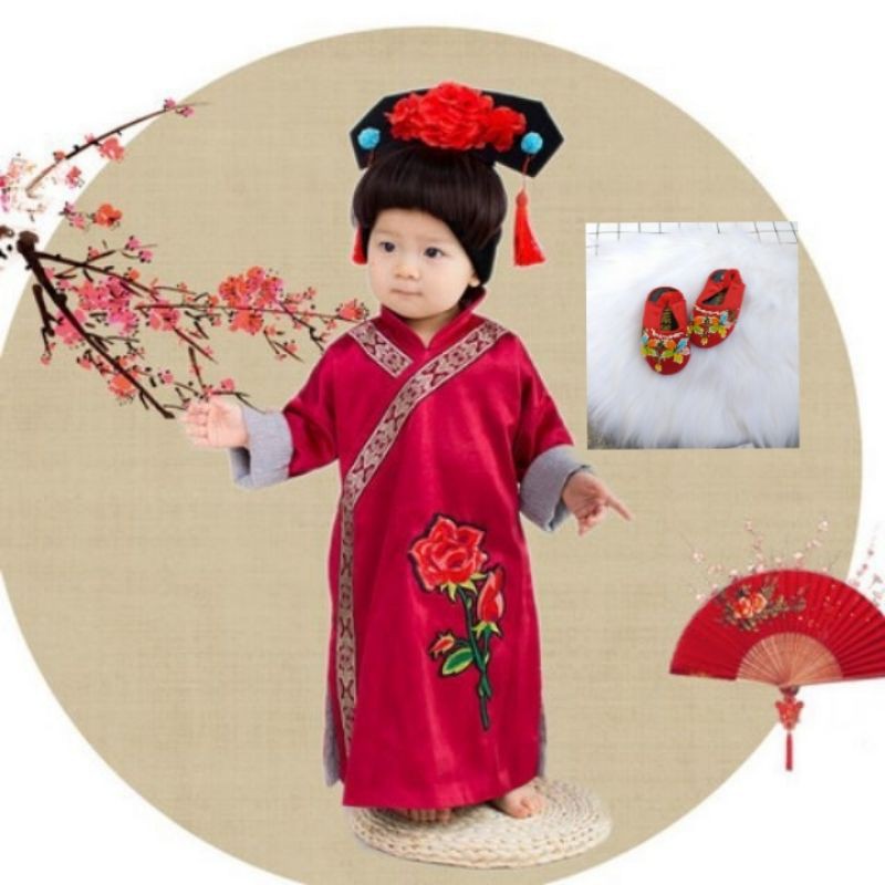 Combo áo dài và lúp đội đầu công chúa cho bé gái