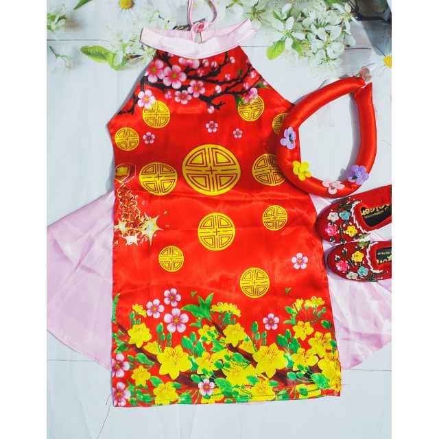 Combo váy áo dài mấn và hài hoa mai cho bé