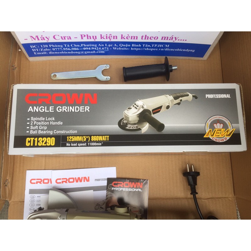 Máy mài cắt góc cầm tay 125mm Crown CT13290 công suất 860W màu cắt sắt tường, gỗ tôn...