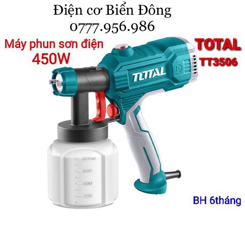 Máy phun sơn Total TT3506 - 450W hoạt động bằng nguồn điện, là dụng cụ chuyên dùng để sơn vật liệu