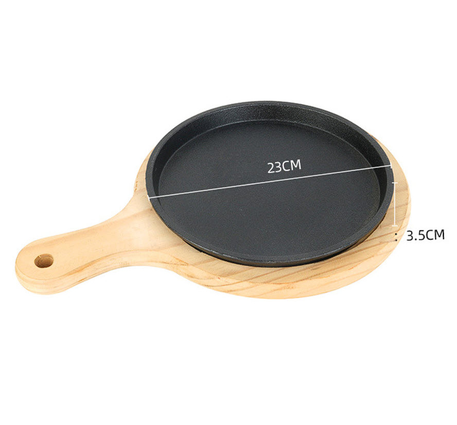 Chảo gang tròn đế gỗ đựng thức ăn, bò bít tết, philê cá WCH03