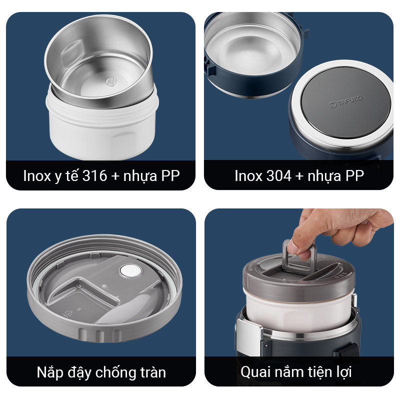 Hộp cơm giữ nhiệt inox y tế 316 cao cấp 3-4 ngăn Tafuco T0281
