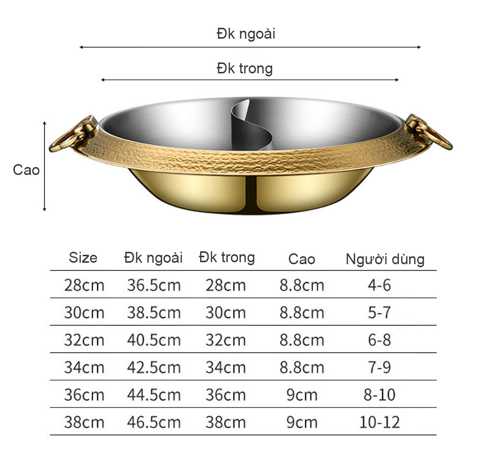 Nồi lẩu 2 ngăn 3 lớp inox 304 loại dày size 28-36 YBS1101
