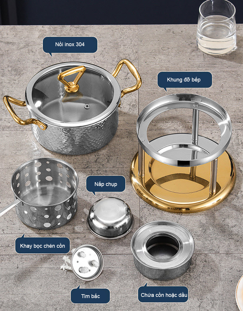 Nồi lẩu 1 người 17.5cm inox 304 dùng cồn CN014