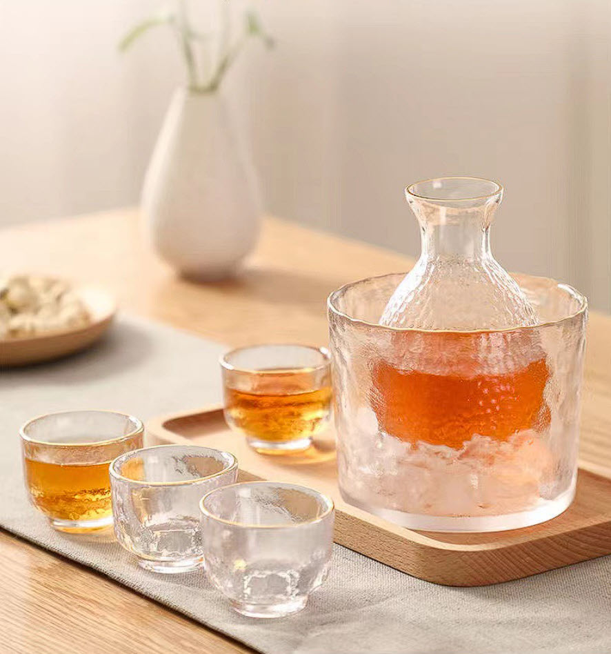 Bộ bình ly uống Sake thủy tinh vân sóng SJW021