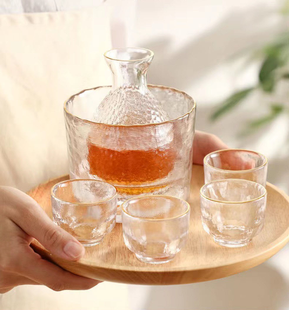Bộ bình ly uống Sake thủy tinh vân sóng SJW021