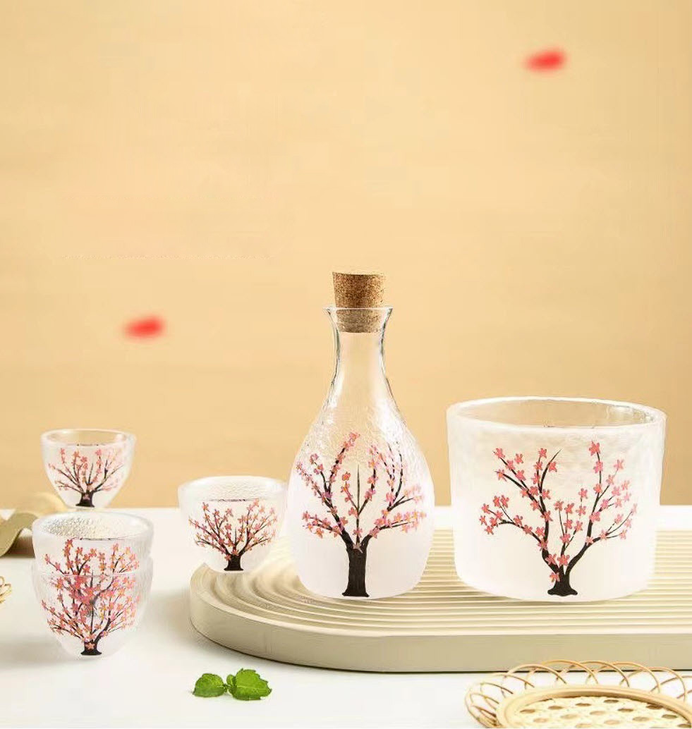 Bộ bình ly uống Sake thủy tinh in hoa vân sóng SJW022