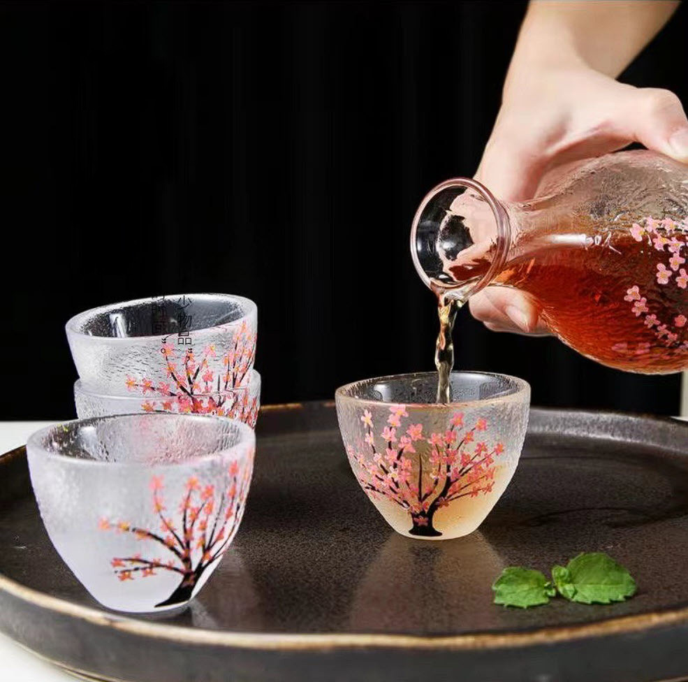 Bộ bình ly uống Sake thủy tinh in hoa vân sóng SJW022