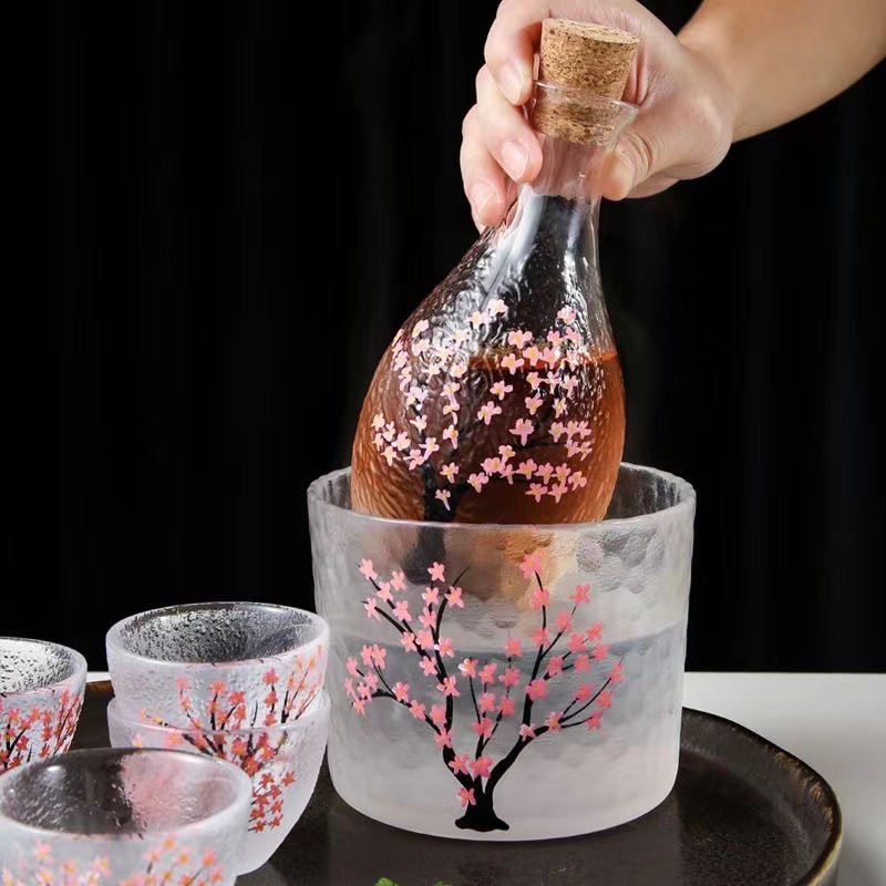 Bộ bình ly uống Sake thủy tinh in hoa vân sóng SJW022