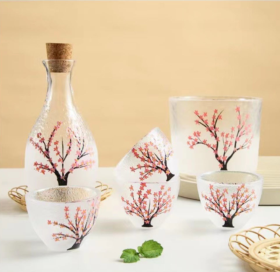 Bộ bình ly uống Sake thủy tinh in hoa vân sóng SJW022