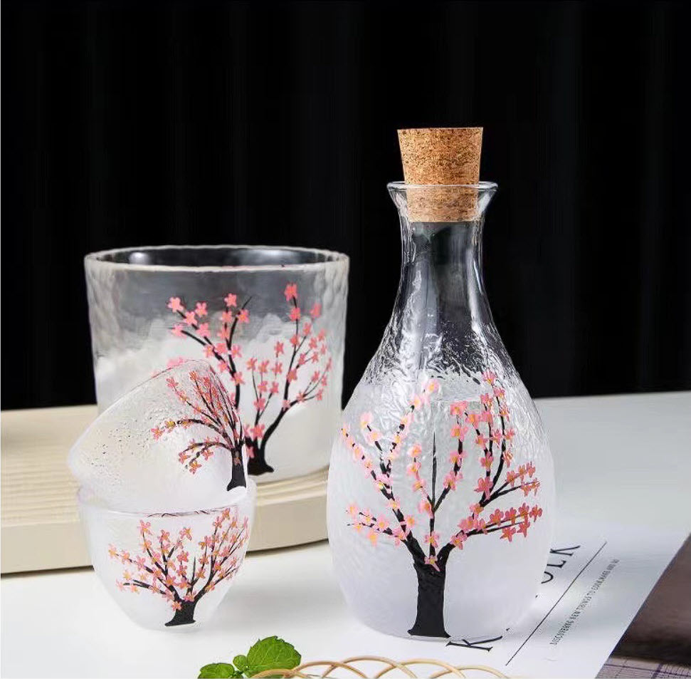 Bộ bình ly uống Sake thủy tinh in hoa vân sóng SJW022