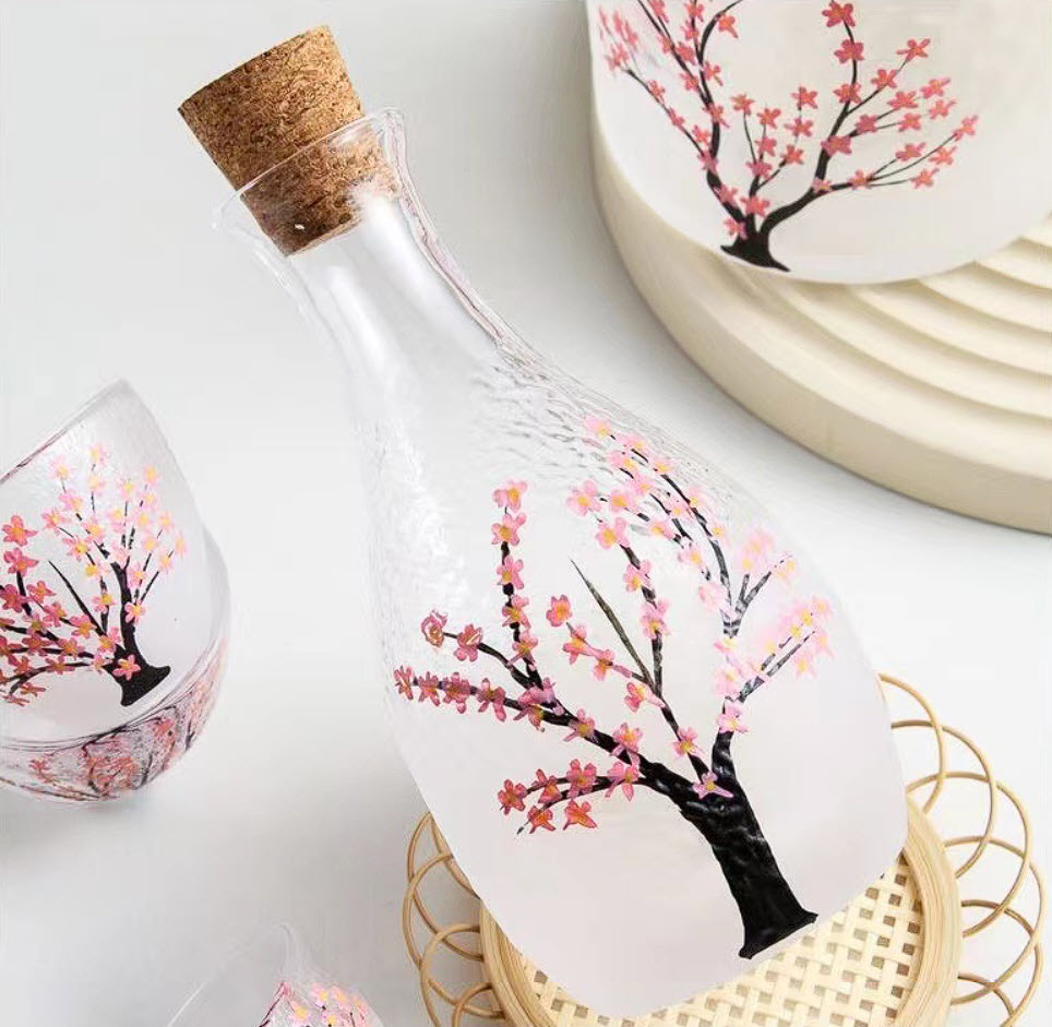 Bộ bình ly uống Sake thủy tinh in hoa vân sóng SJW022