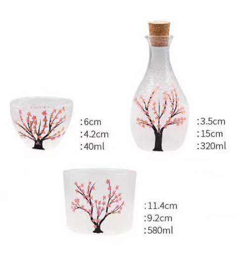 Bộ bình ly uống Sake thủy tinh in hoa vân sóng SJW022