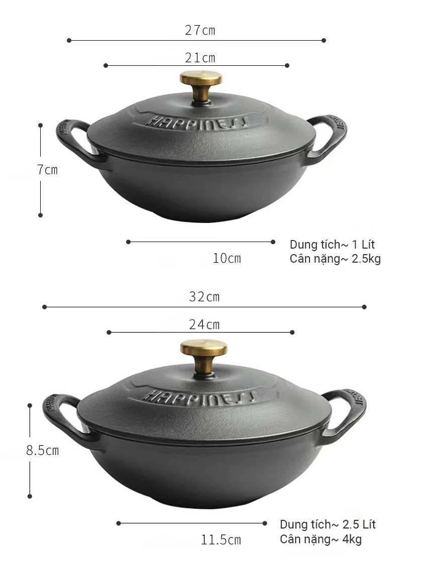 Nồi lẩu gang nồi gang đúc thô Happyness 21-24cm HN012