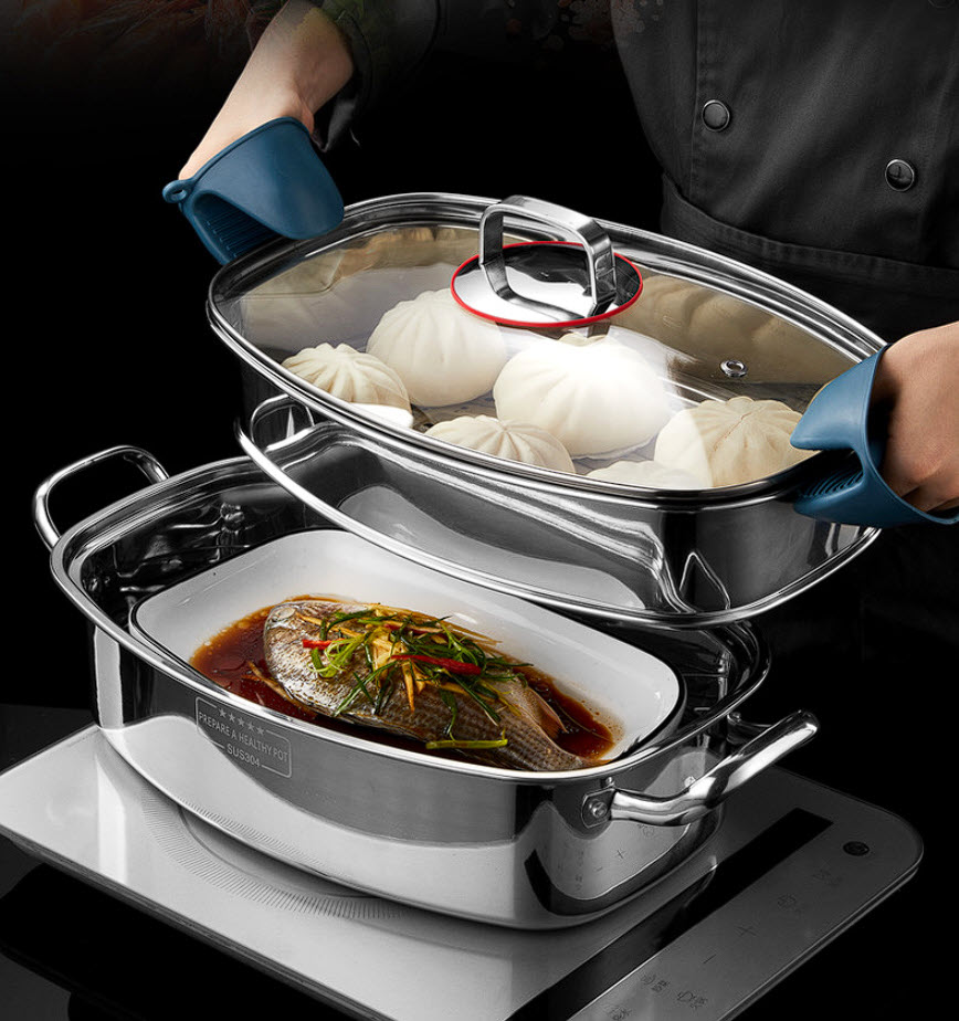 Nồi hấp cá nồi luộc gà size 35x23 inox 304 hấp hải sản rau củ dimsum ZYG1202