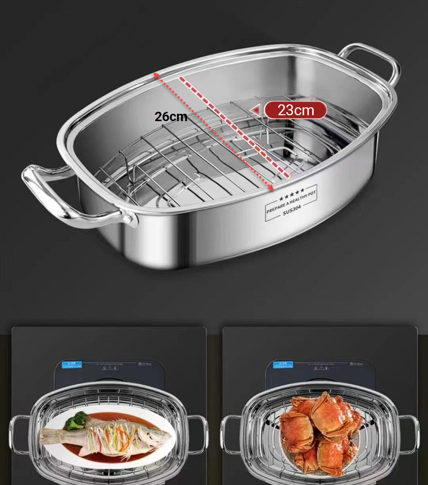 Nồi hấp cá nồi luộc gà size 35x23 inox 304 hấp hải sản rau củ dimsum ZYG1202