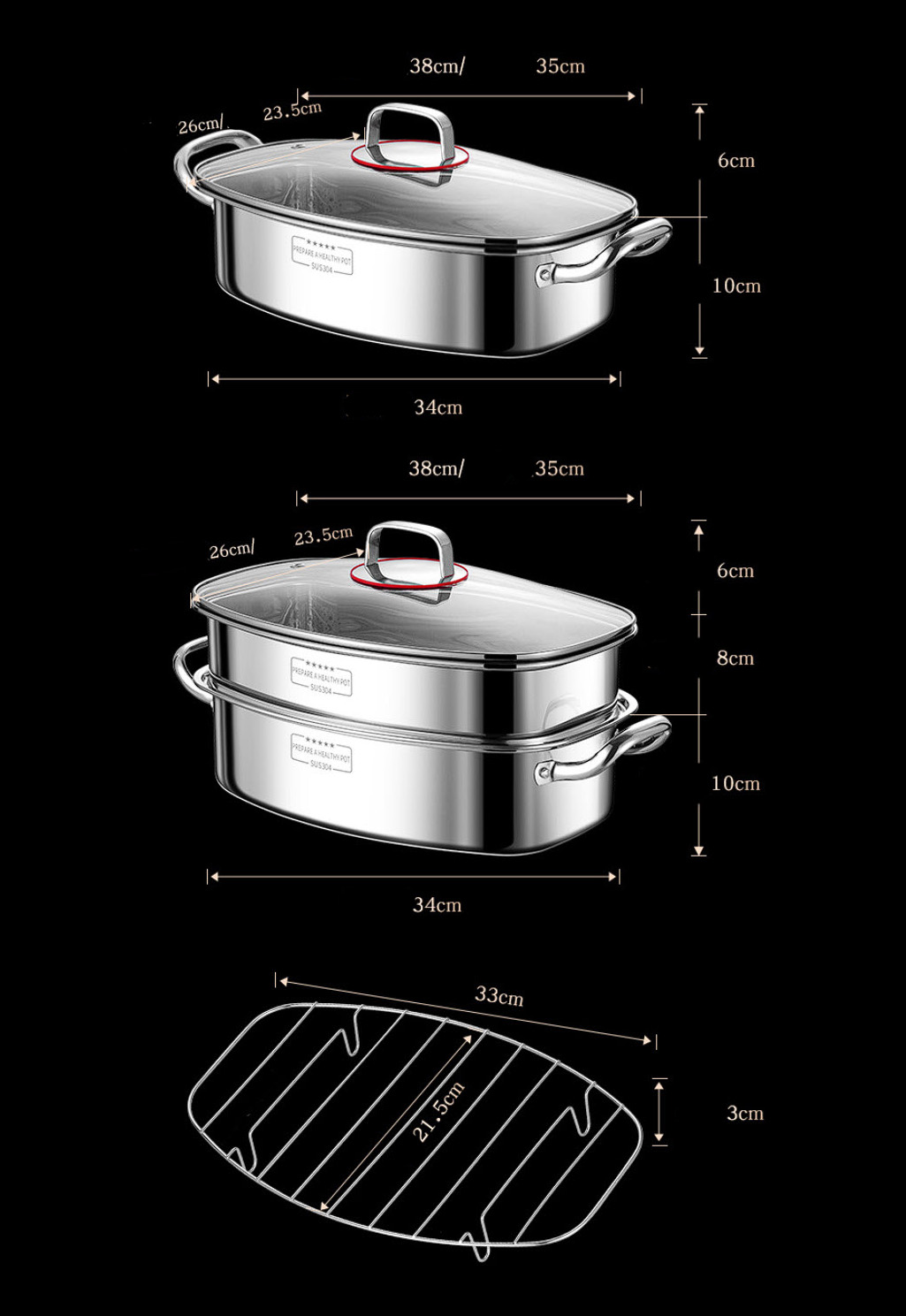 Nồi hấp cá nồi luộc gà size 35x23 inox 304 hấp hải sản rau củ dimsum ZYG1202
