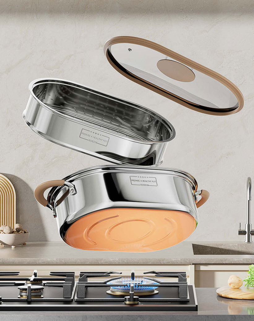 Nồi hấp cá nồi luộc gà size 35x23 inox y tế 316 hấp hải sản rau củ dimsum G038