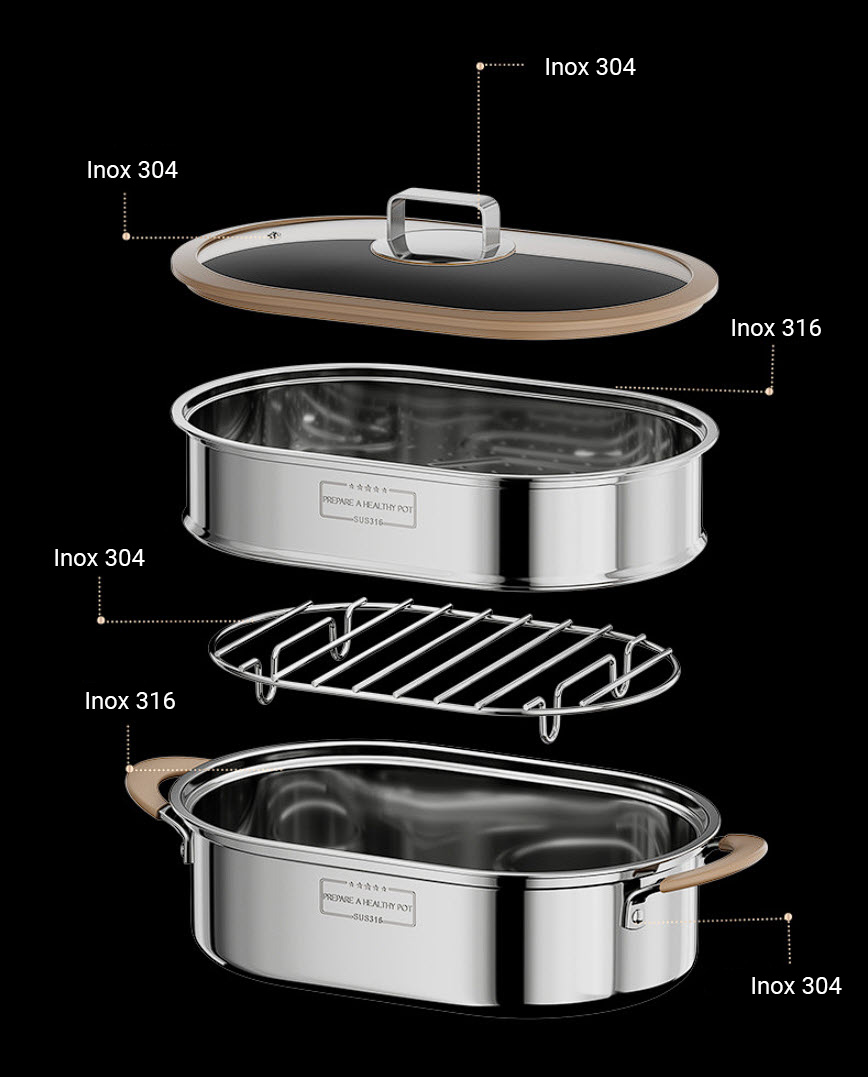 Nồi hấp cá nồi luộc gà size 35x23 inox y tế 316 hấp hải sản rau củ dimsum G038