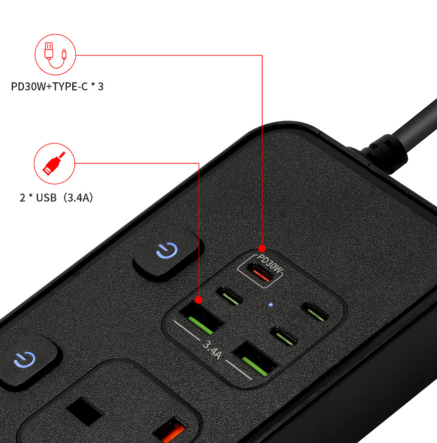 Ổ cắm điện đa năng 5 ổ 2USB-A và 3Type-C kèm sạc nhanh PD30w BKL25