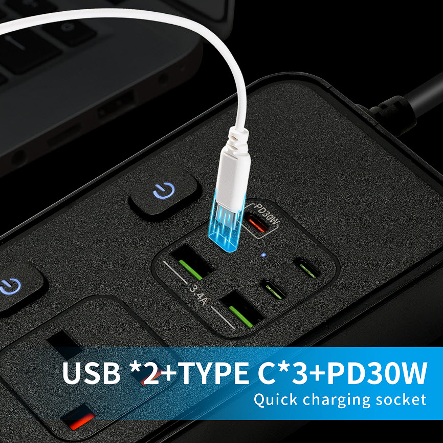 Ổ cắm điện đa năng 5 ổ 2USB-A và 3Type-C kèm sạc nhanh PD30w BKL25