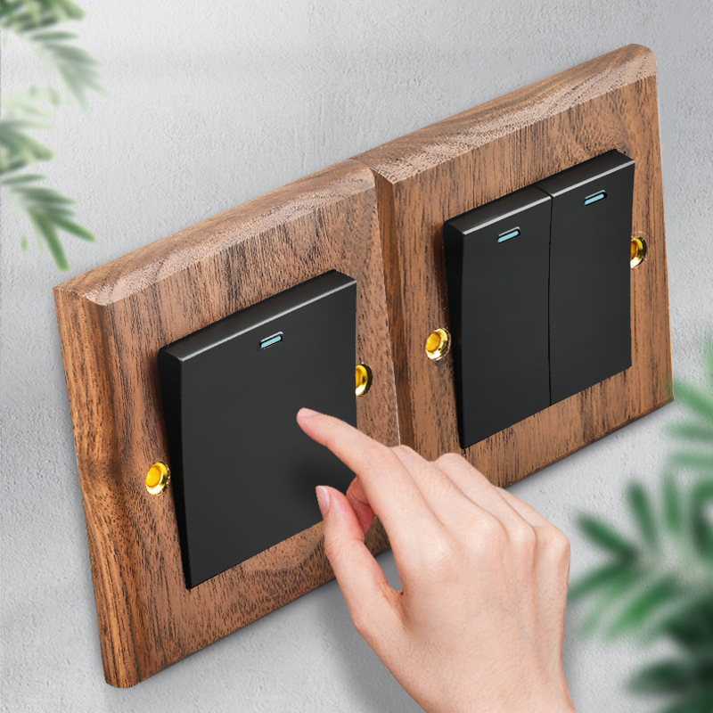 Công tắc ổ cắm âm tường mặt gỗ quả Óc chó HOD22 toggle dạ quang type 86
