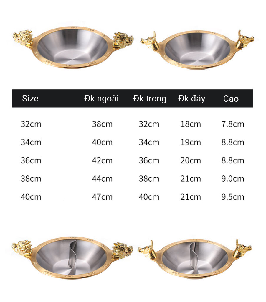 Nồi lẩu đầu Rồng nồi lẩu Tứ Xuyên 1-2 ngăn inox 304 size 32-40cm CCD015